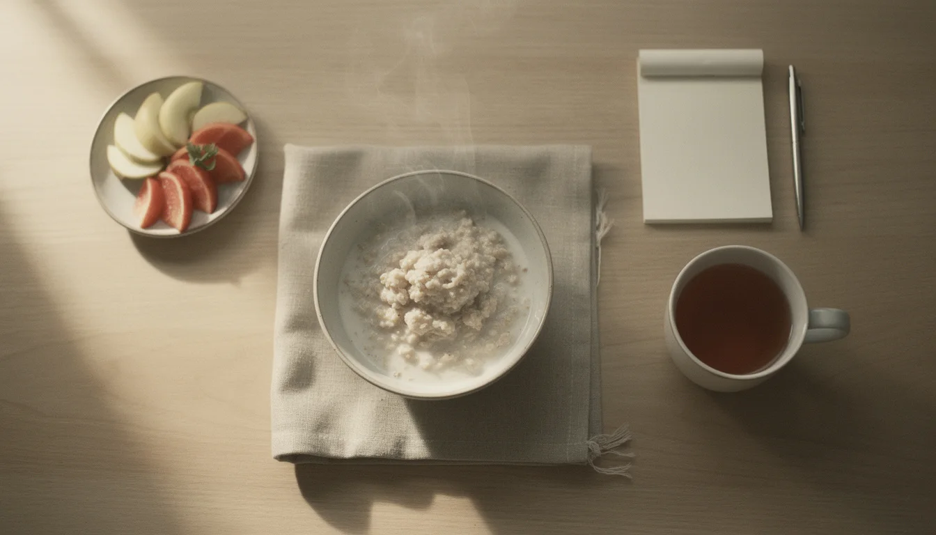죽과 차가 놓인 아침 식탁과 증상을 적는 메모장